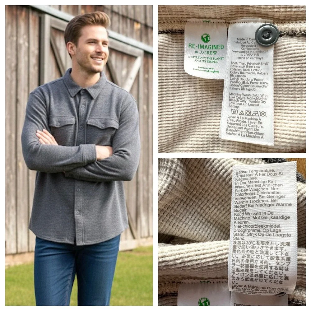 J Crew XL Gray Waffle Thermal‎ Lined Shirt Men Shacket Workwear Gorpcore Utility